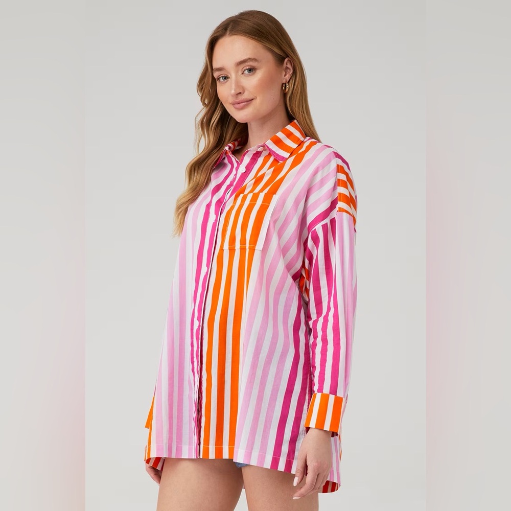 Beach Riot NWOT Womens L/XL Pink & Orange Striped Button-Up Shirt Swim Cover - Picture 4 of 10